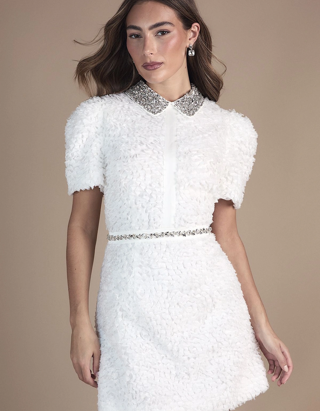 Short Sleeve Jewel Trim Embellished Mini Dress, 2 of 1