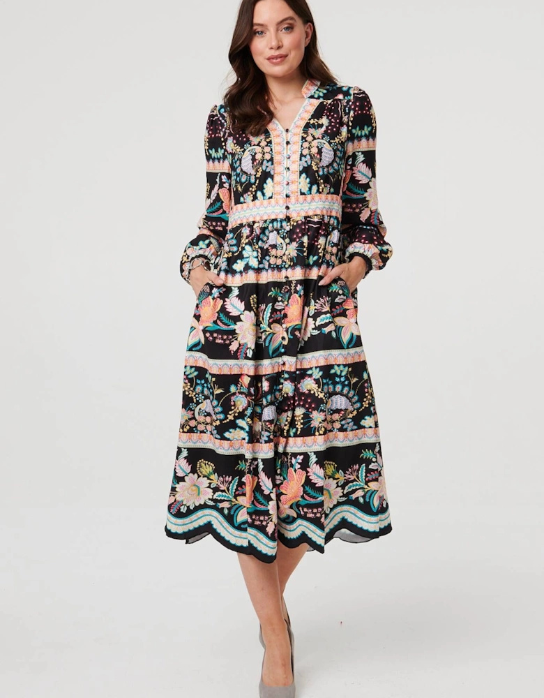 Floral Long Sleeve Buttoned Midi Dress