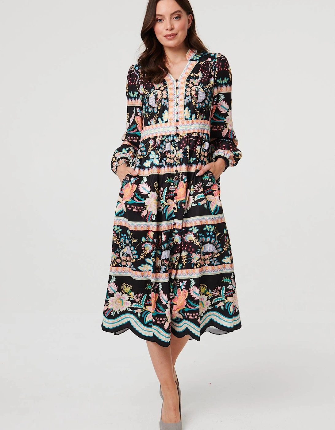 Floral Long Sleeve Buttoned Midi Dress, 2 of 1