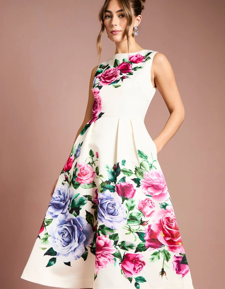 Pocket Structured Satin Placement Print Midi Dress