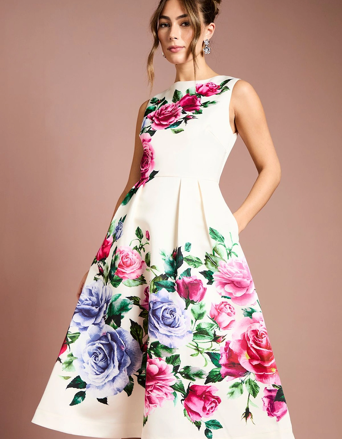 Pocket Structured Satin Placement Print Midi Dress, 2 of 1