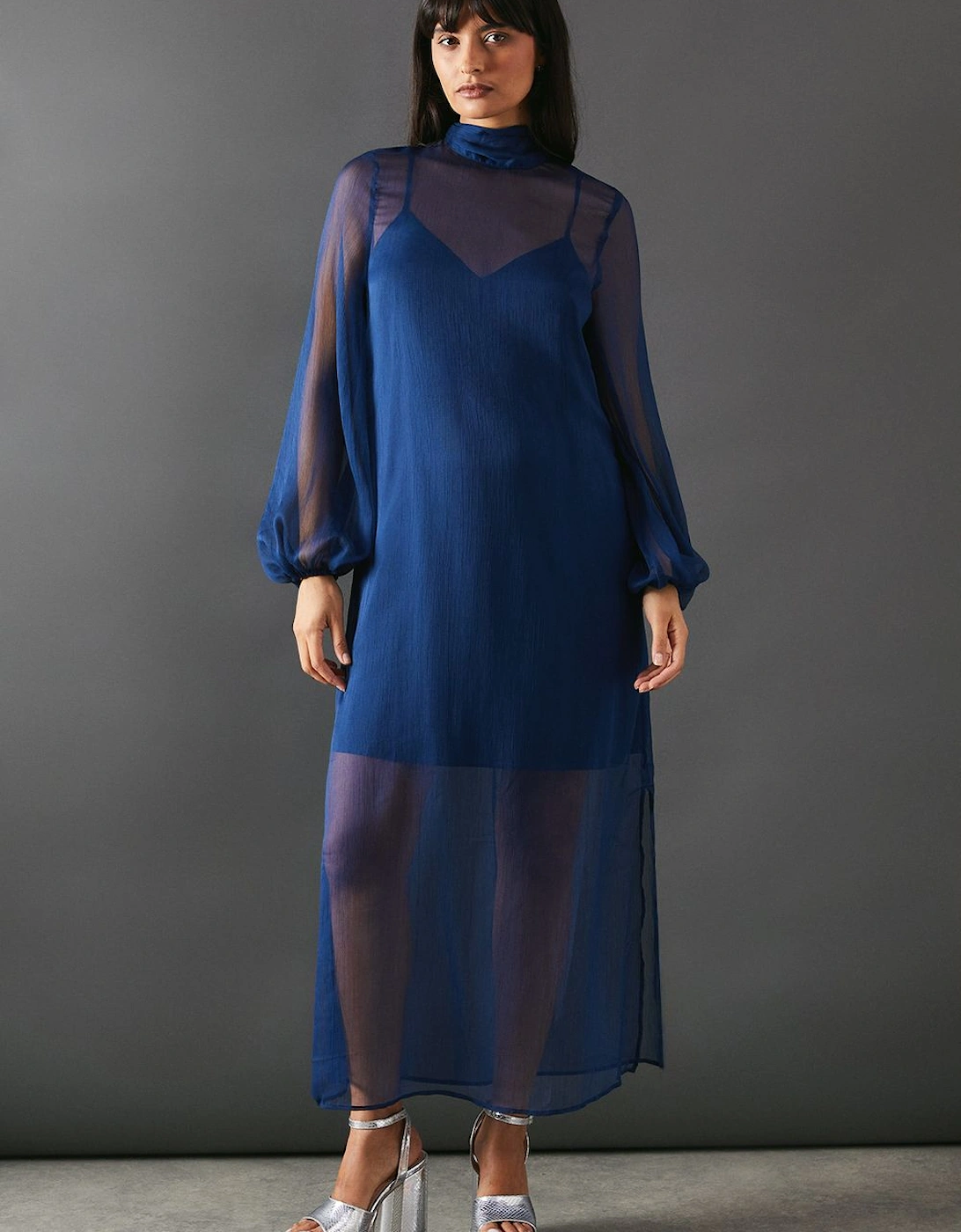 Chiffon Tie Neck Balloon Sleeve Column Midi Dress, 2 of 1
