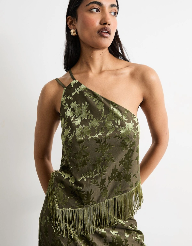 Devore One Shoulder Fringe Cami Top