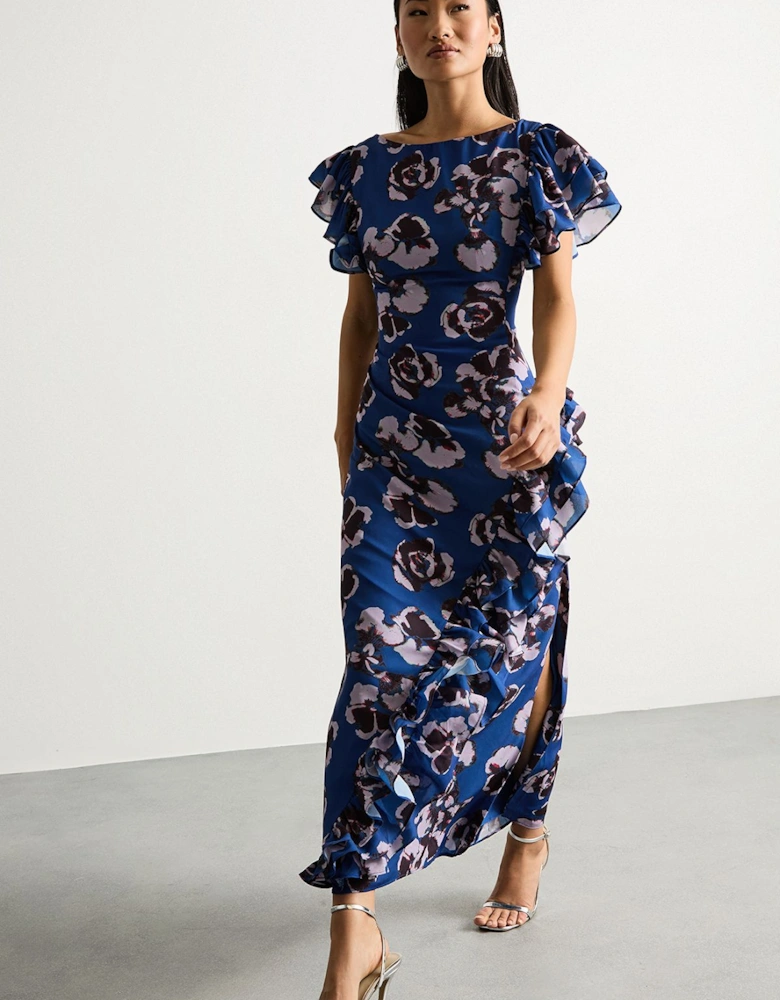 Petite Printed Side Split Ruffle Detail Maxi Dress