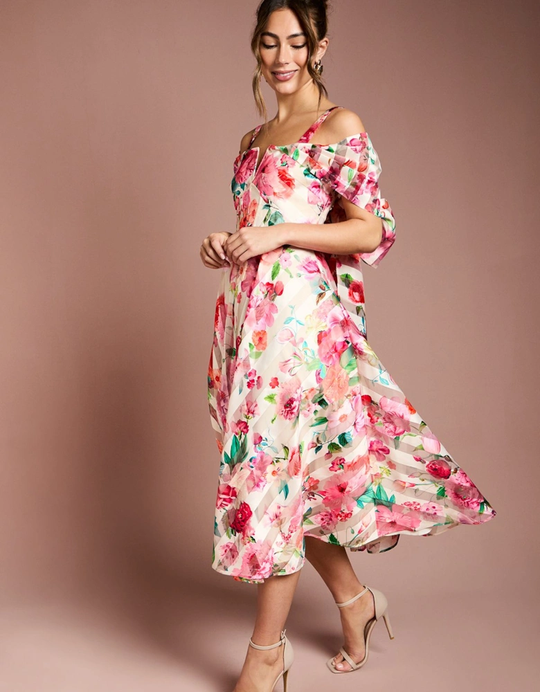 Printed Organza Bardot Midi Dress