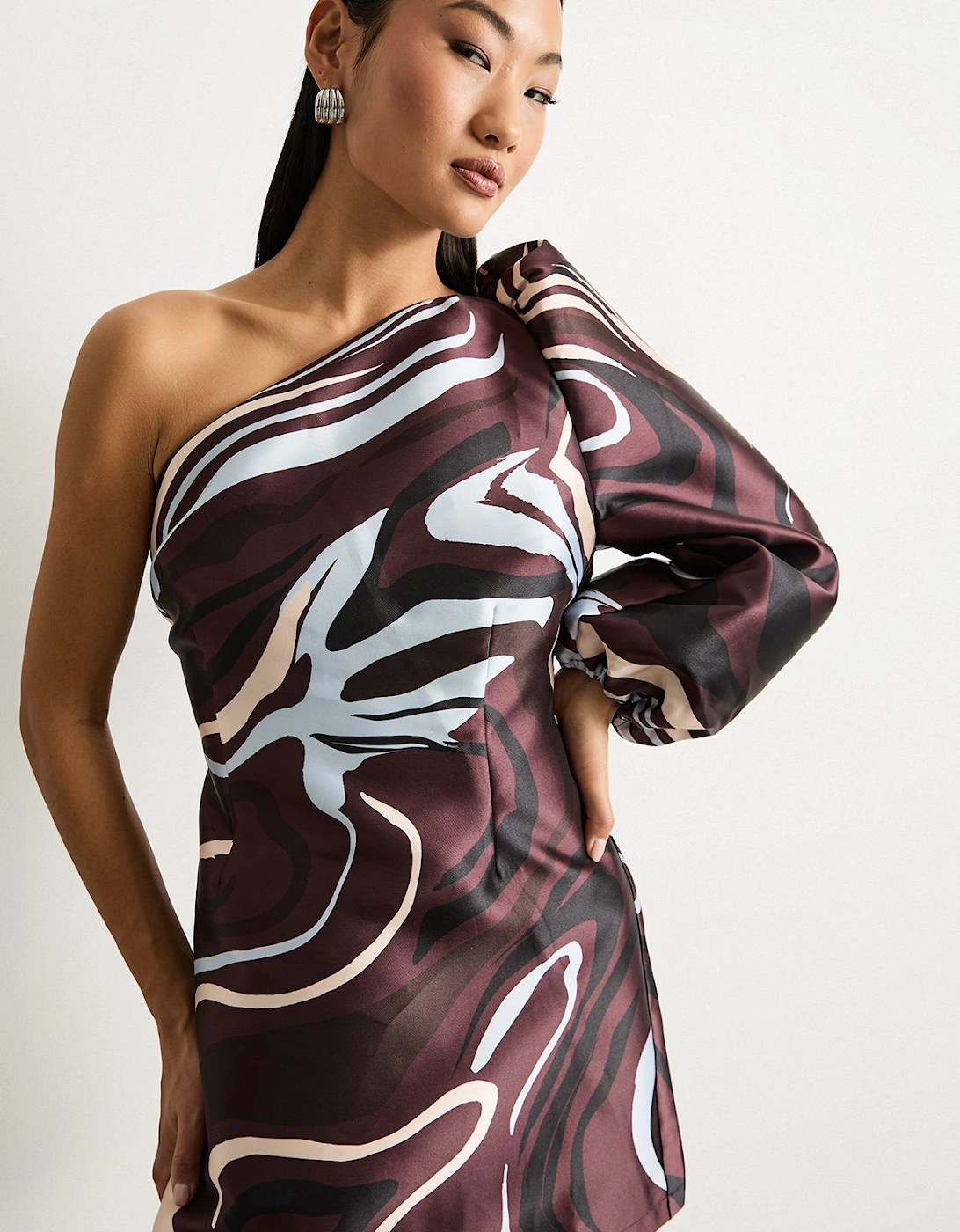 Petite Printed One Shoulder Puff Sleeve Mini Dress, 2 of 1