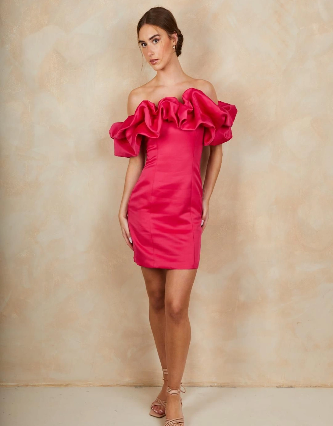 Ruffle Bardot Satin Mini Dress in Pink, 2 of 1