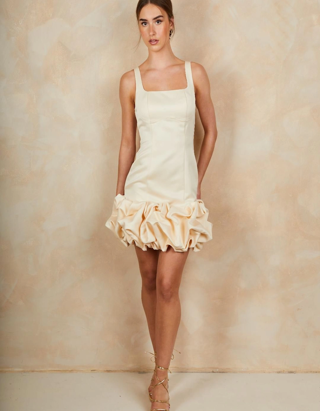 Ruffle Hem Satin Mini Dress in Cream, 2 of 1
