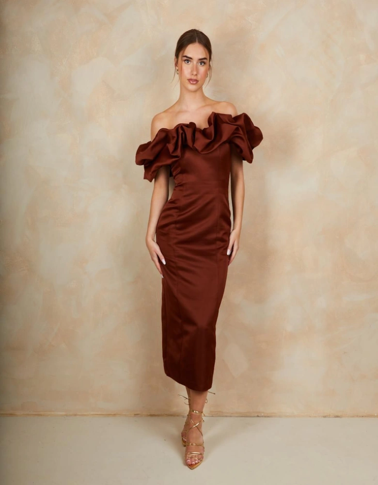 Ruffle Bardot Satin Midi Dress in Chocolate