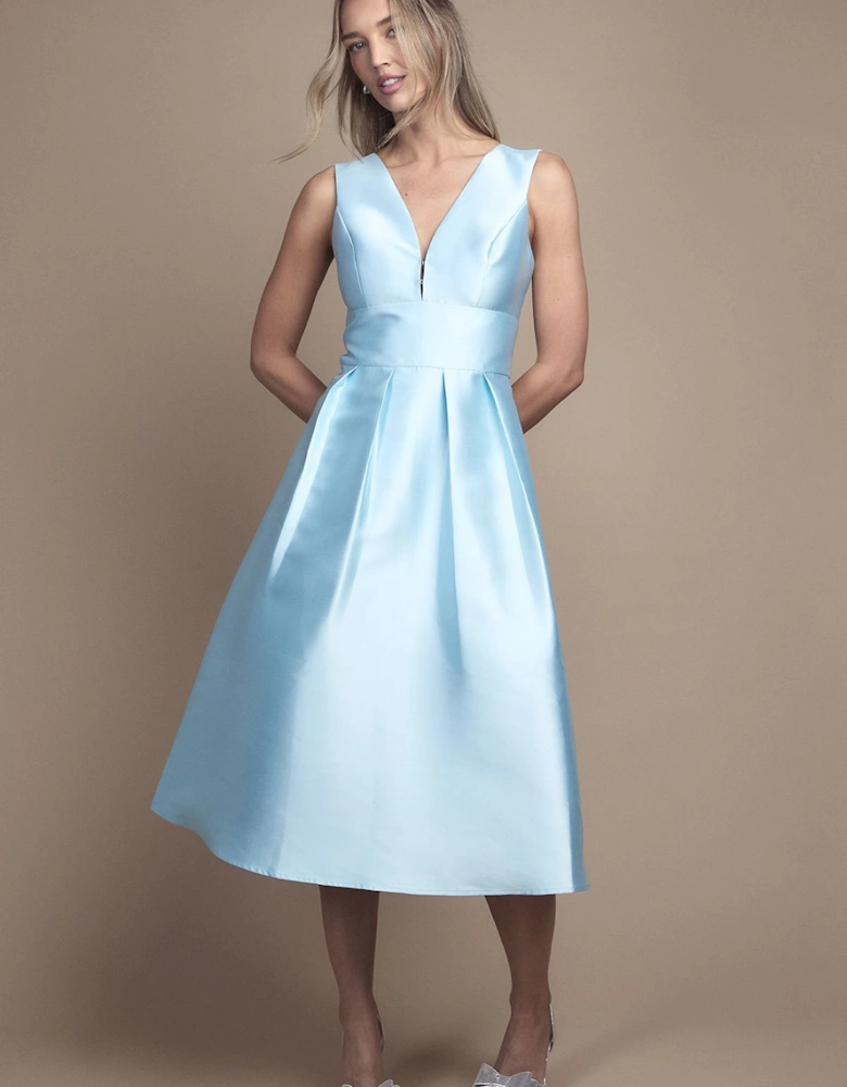 Plunge Neck Structured Twill Midi Bridesmaid Dress