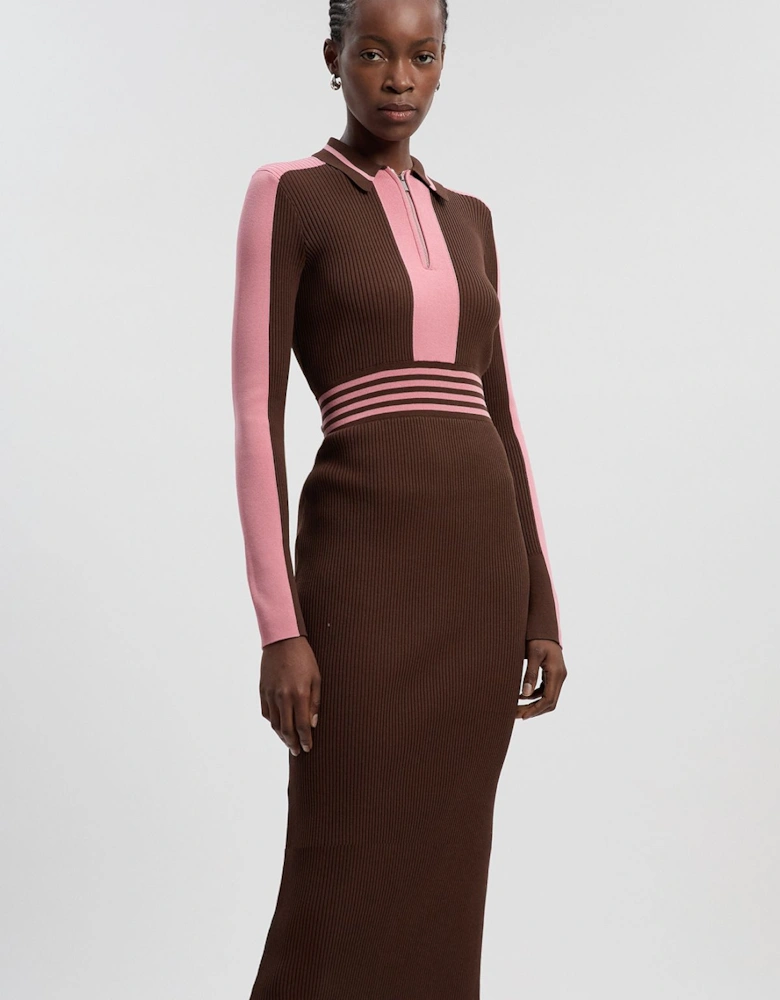 Rib Knit Polo Zip Up Midi Dress
