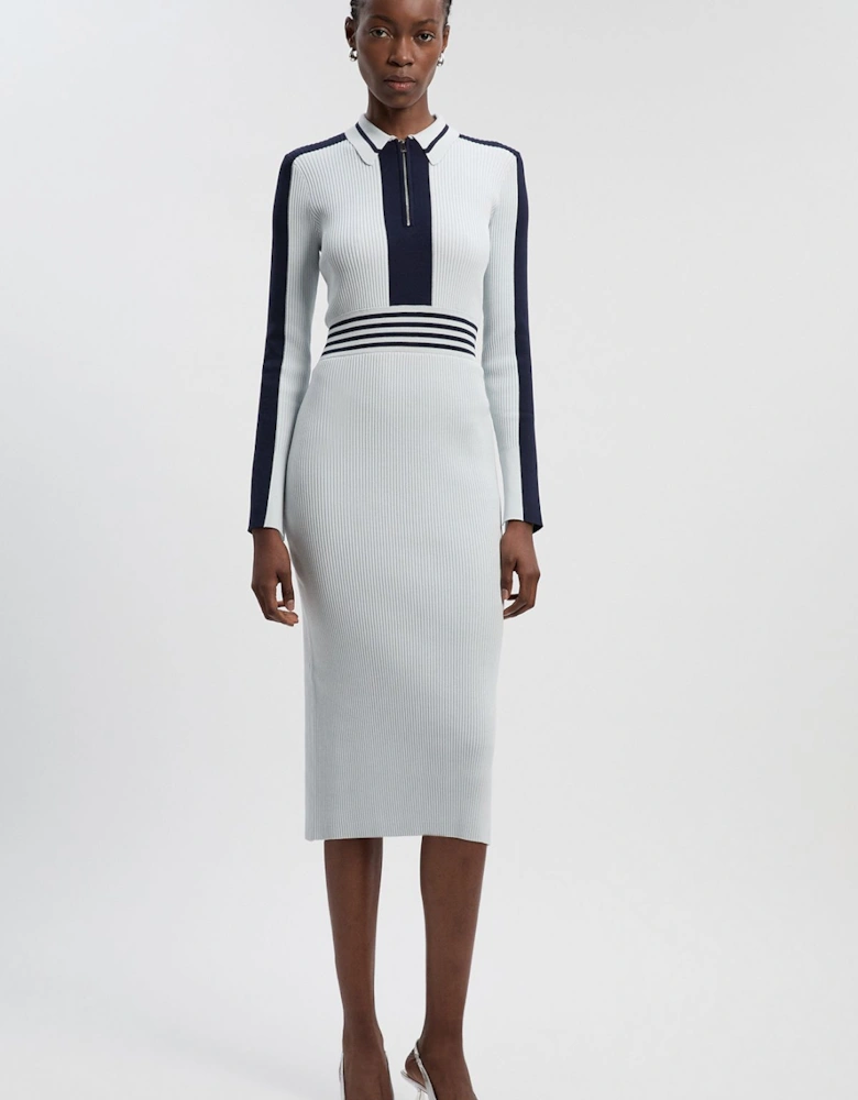 Rib Knit Polo Zip Up Midi Dress