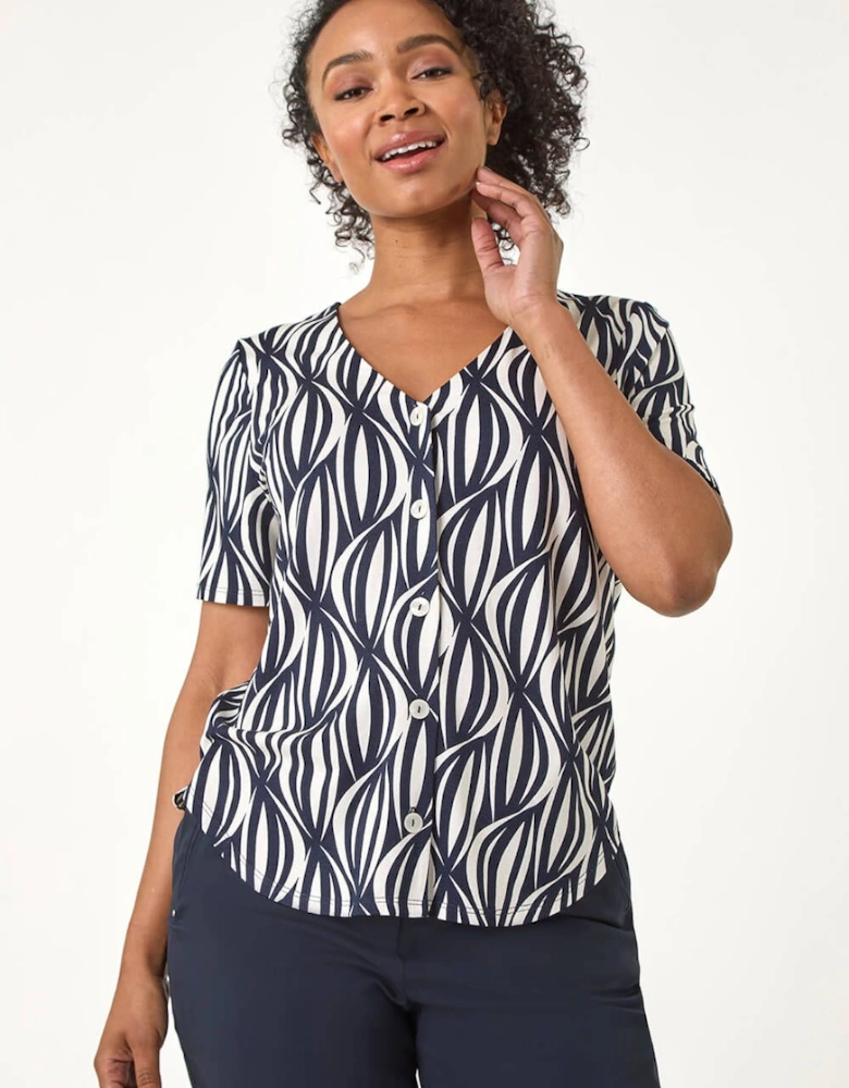 Petite Geo Print V-Neck Stretch Blouse