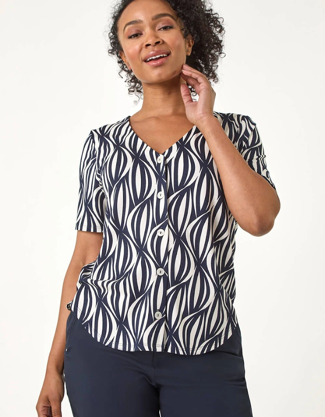Petite Geo Print V-Neck Stretch Blouse, 2 of 1