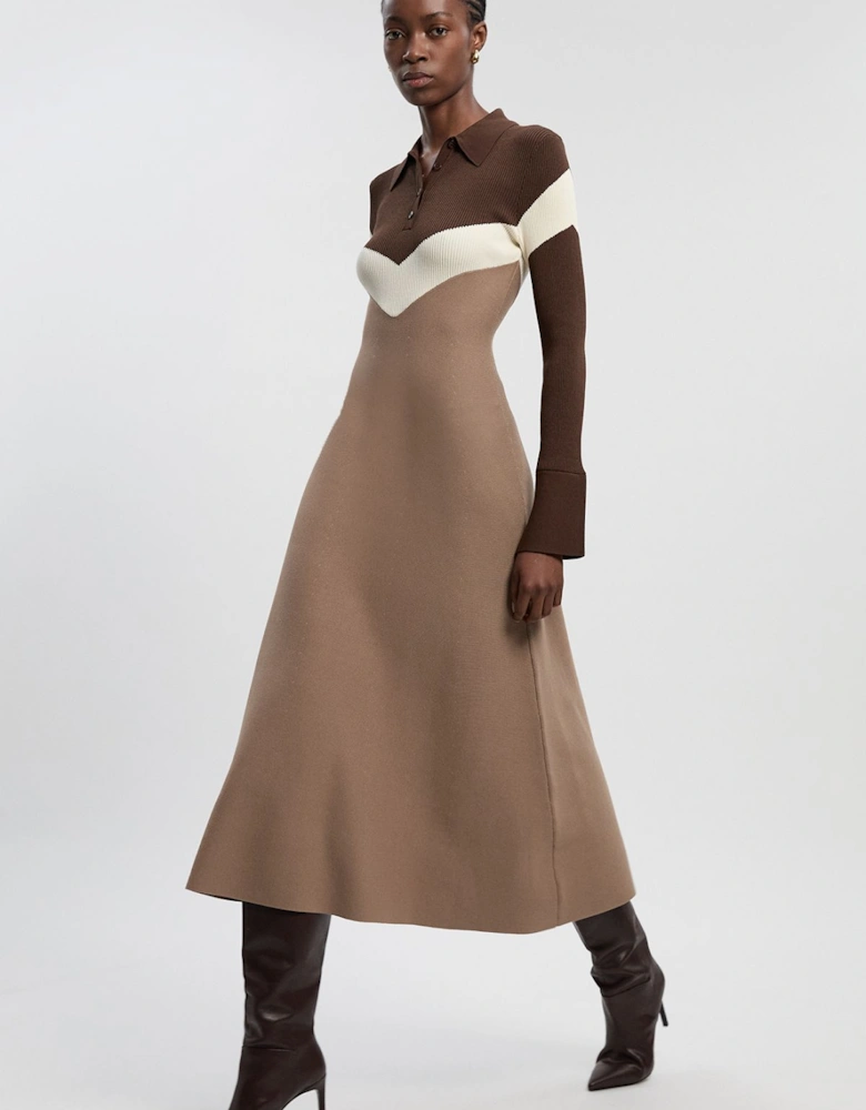 Viscose Blend Rib Knit Polo Top Maxi Dress