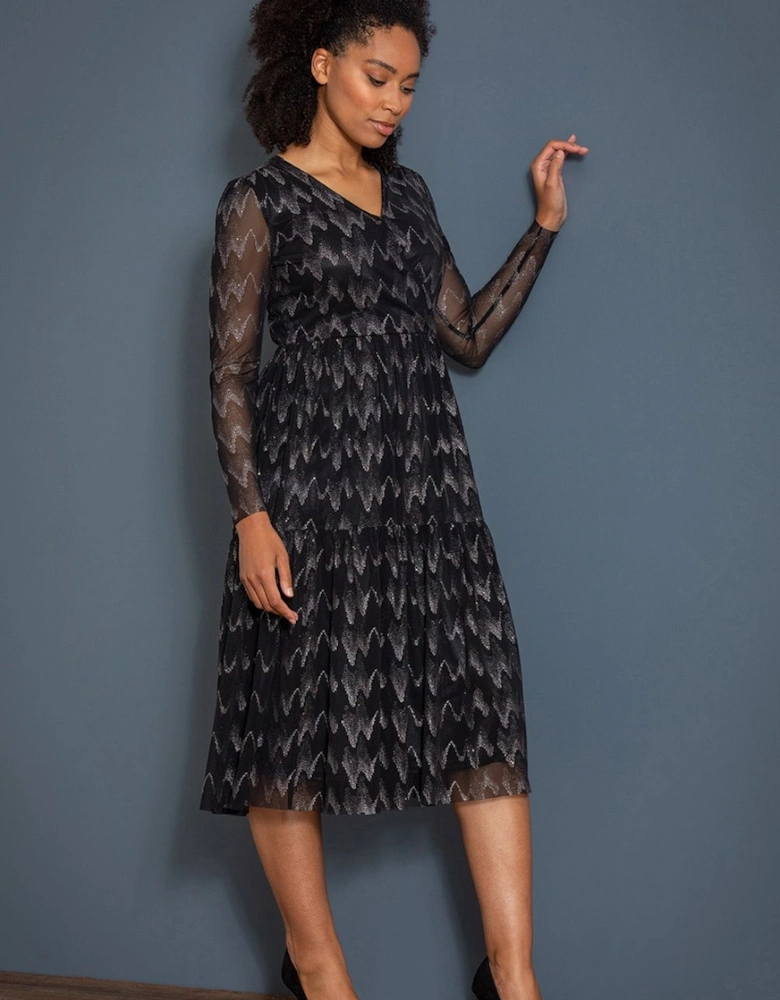 Foil Zig Zag Mesh Midi Dress