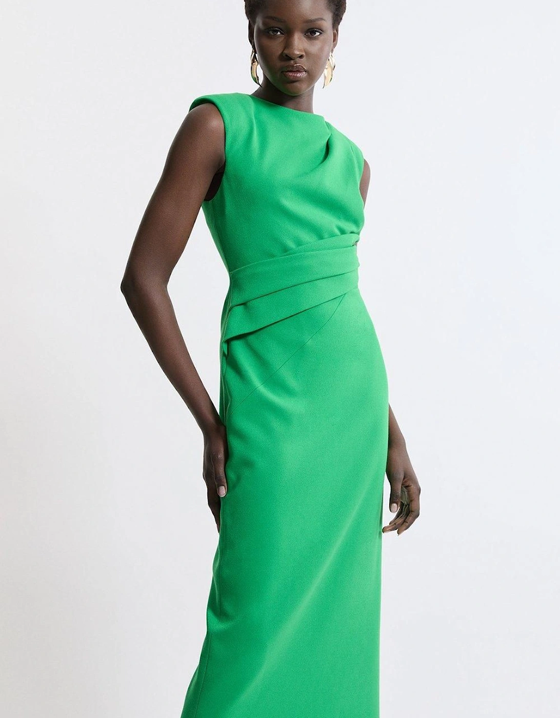 Structured Crepe Asymmetric Drape Waist Tailored Midi Dress, 2 of 1