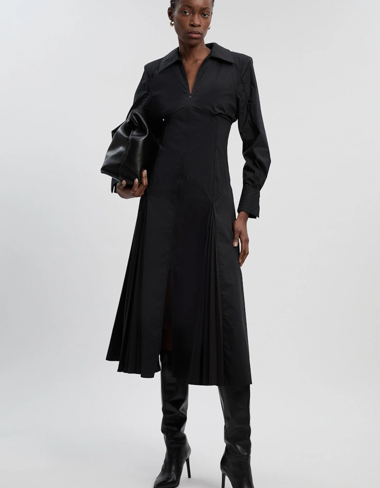 Pleated Detail Cotton Long Sleeve Woven Midi Dress