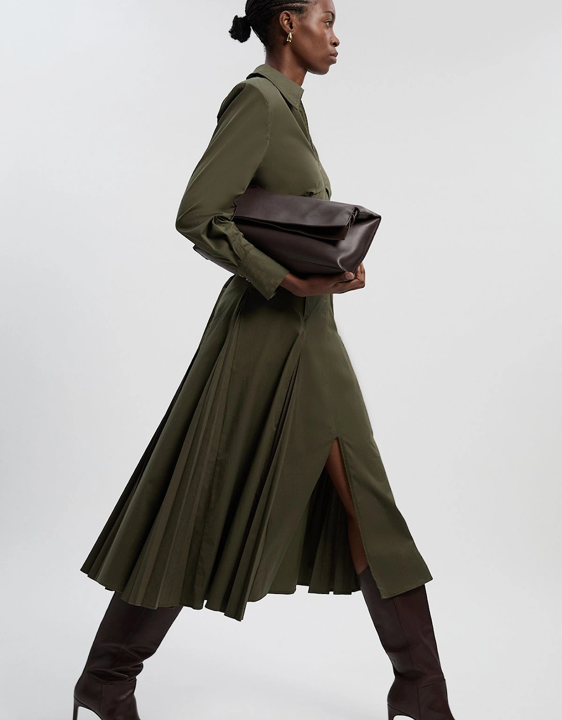 Pleated Detail Cotton Long Sleeve Woven Midi Dress, 2 of 1