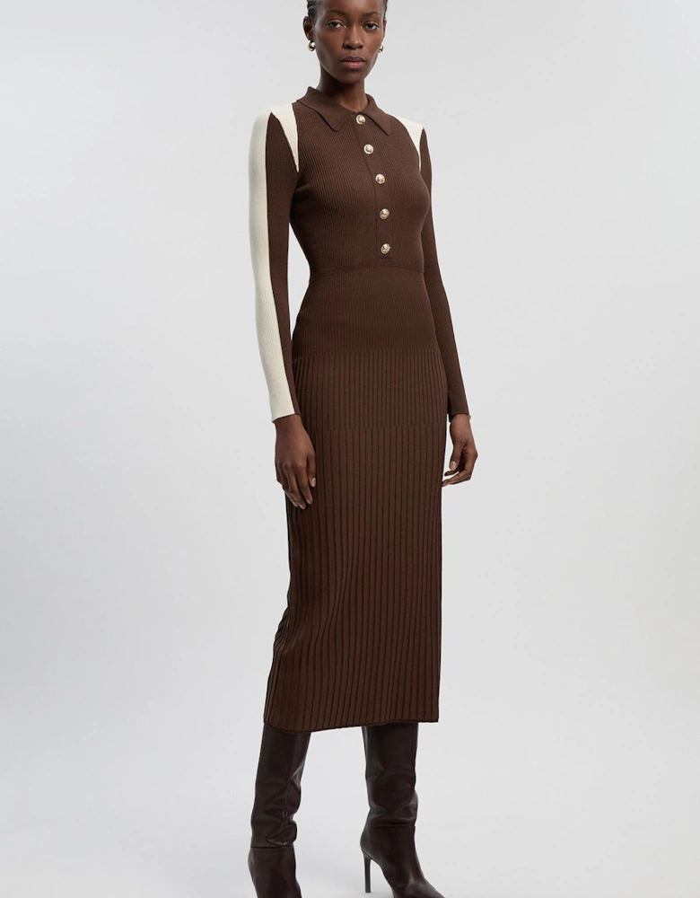 Rib Knit Military Colour Block Midi Dress