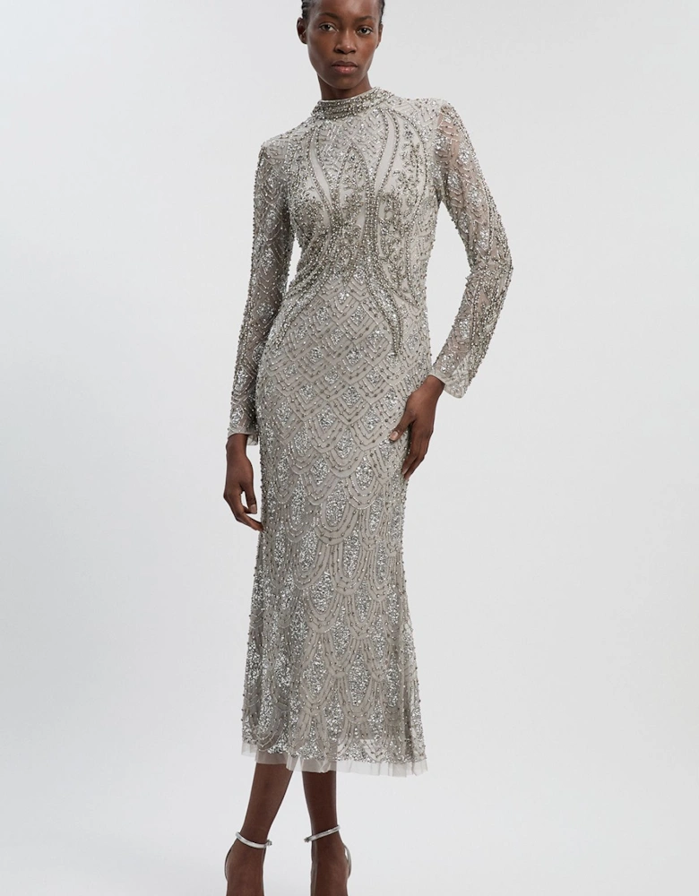 Crystal Embellished Long Sleeve Woven Maxi Dress