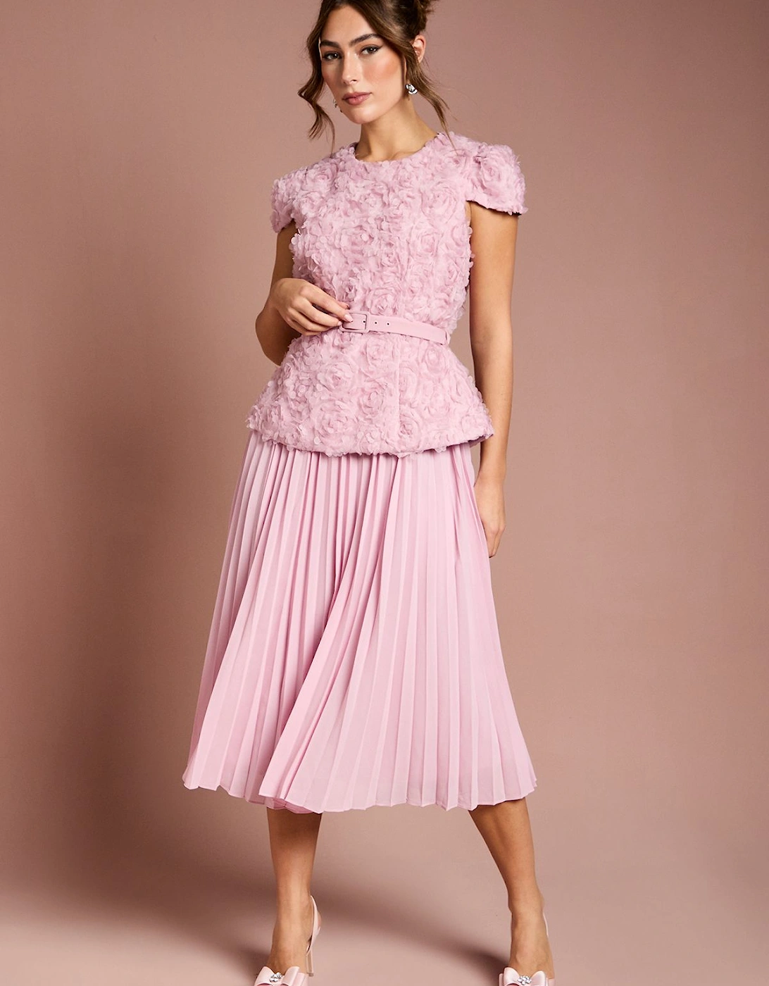 Short Sleeve 3D Flower Belted Midi Dress, 2 of 1