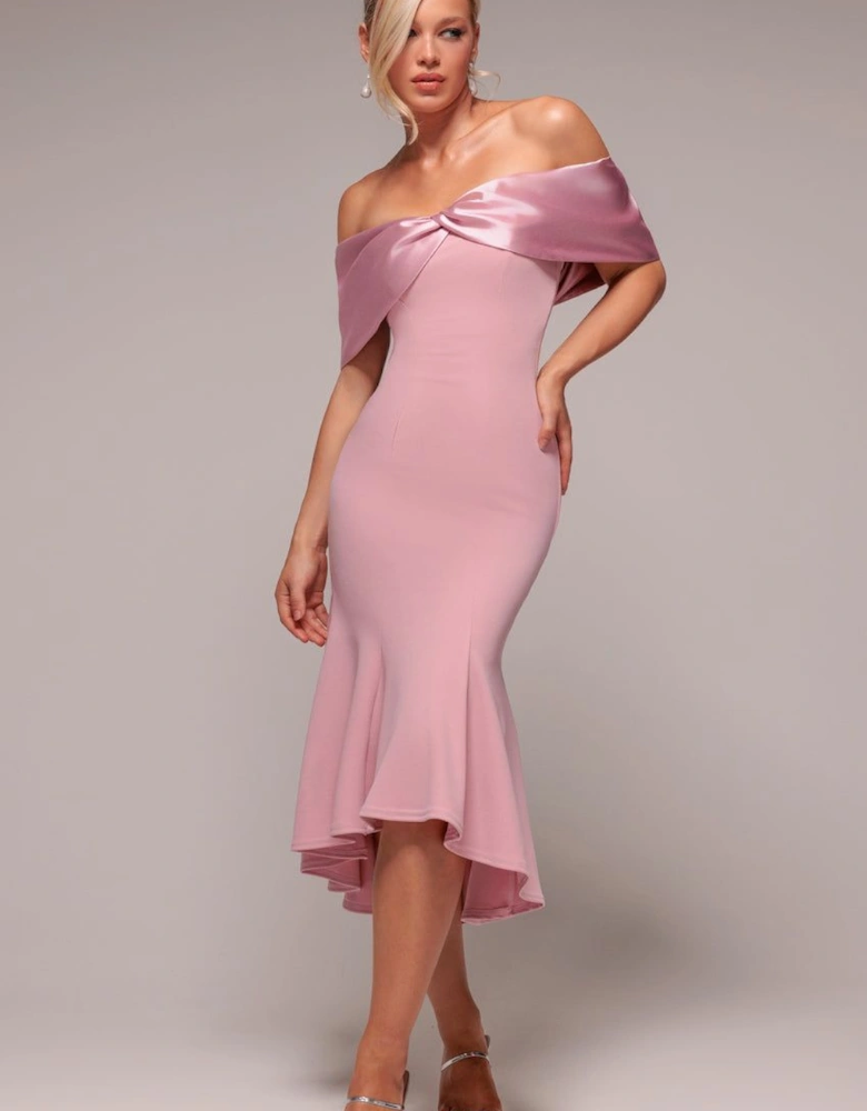 Twist Knot Satin & Scuba Bardot High Low Midi Dress