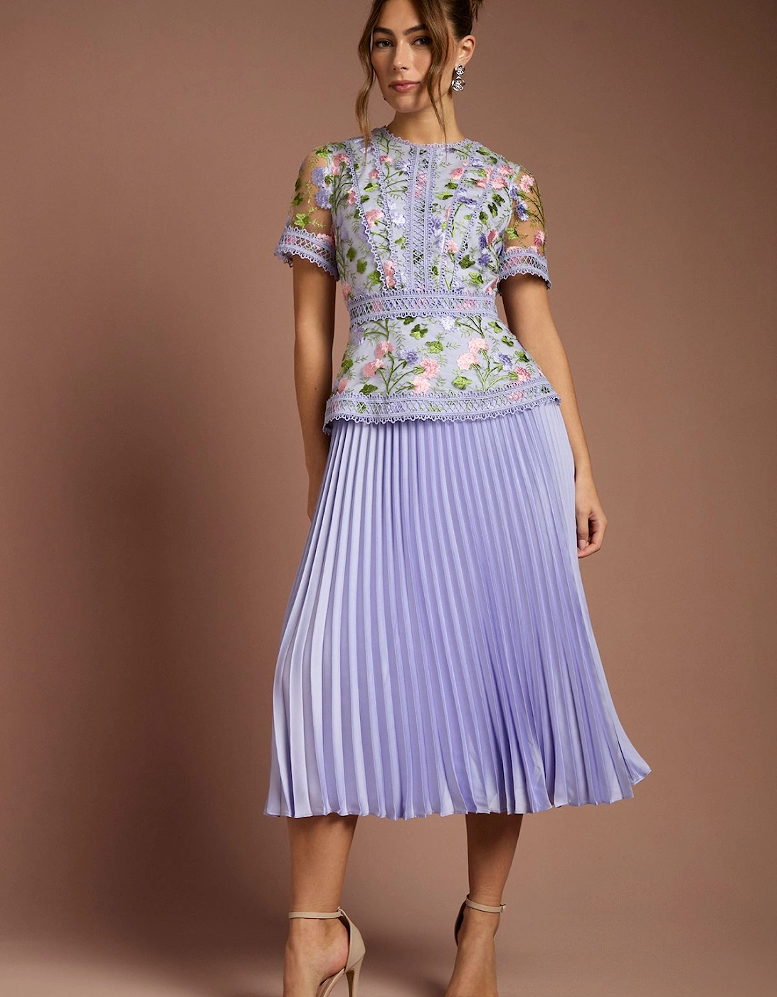 Short Sleeve Embroidered Pleated Skirt Midi Dress, 2 of 1