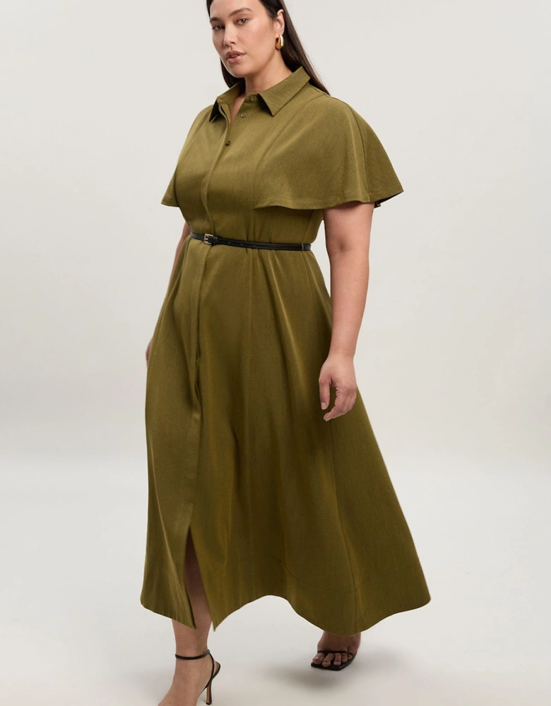 Plus Size Twill Cape Sleeve Belted Shirt Woven Midi Dress
