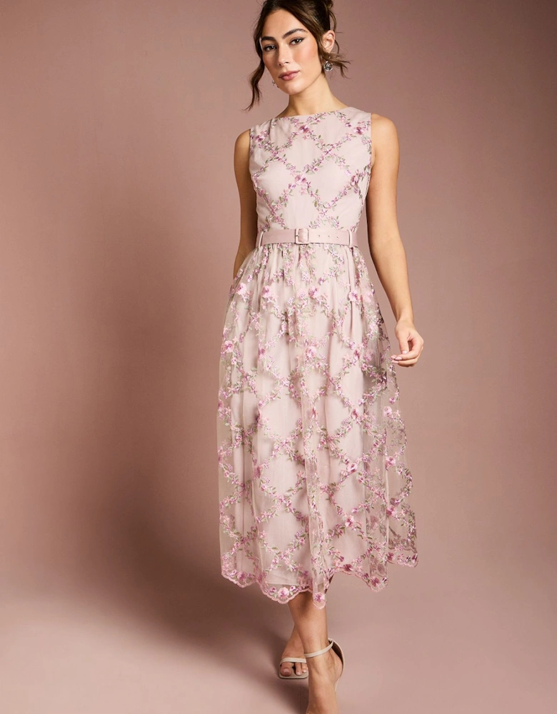 Metallic Floral Embroidered Mesh Midi Dress