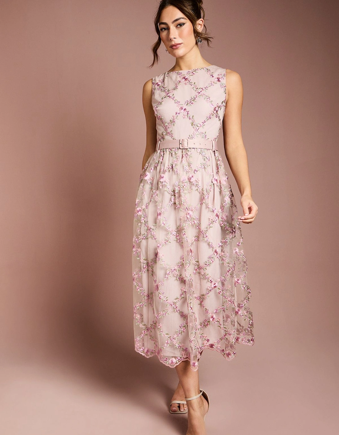 Metallic Floral Embroidered Mesh Midi Dress, 2 of 1