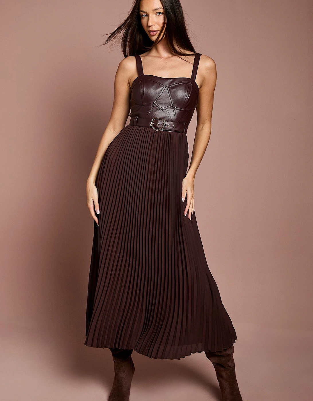 Strappy PU Pleat Skirt Midi Dress With Belt, 2 of 1