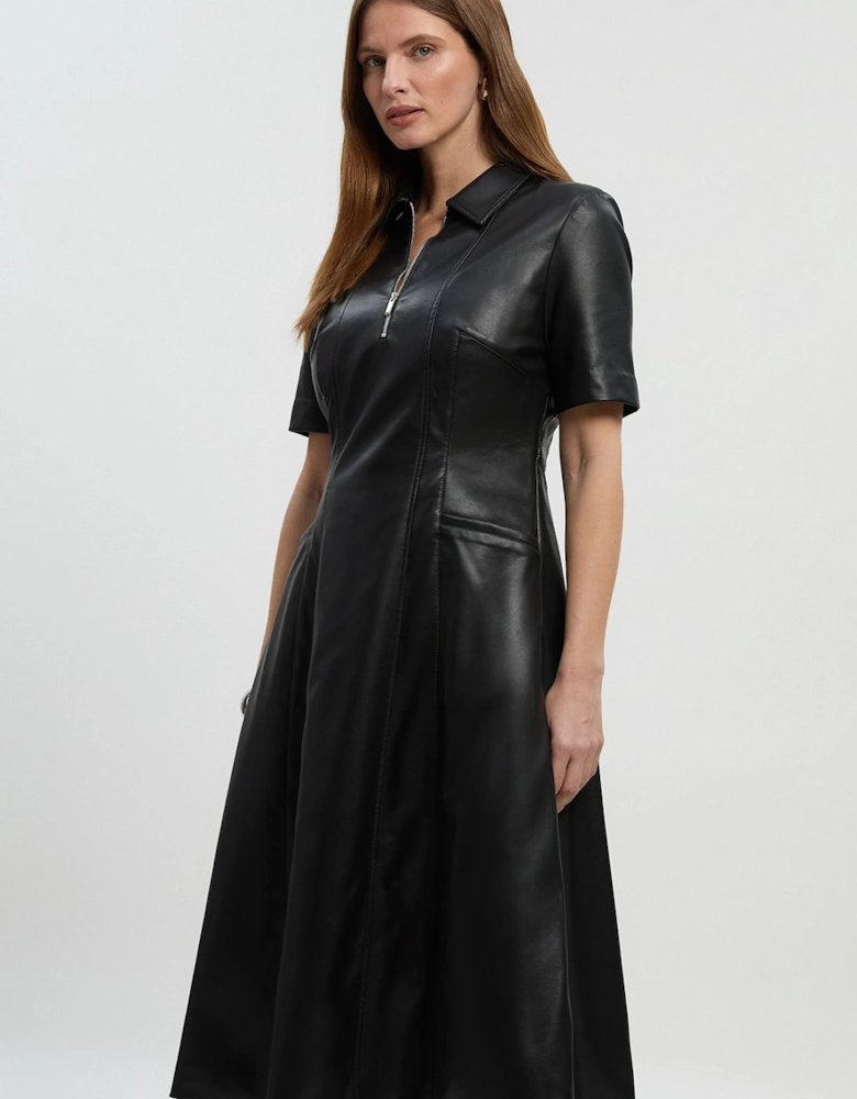 Faux Leather Collared Midi Shirt Dress