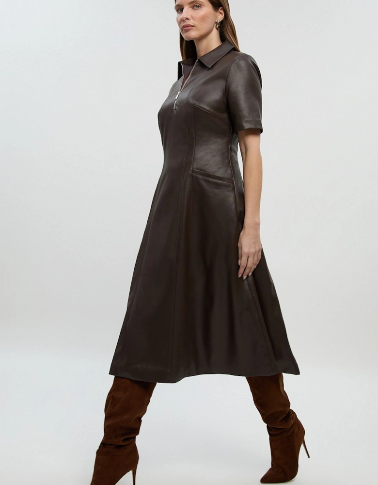 Faux Leather Collared Midi Shirt Dress
