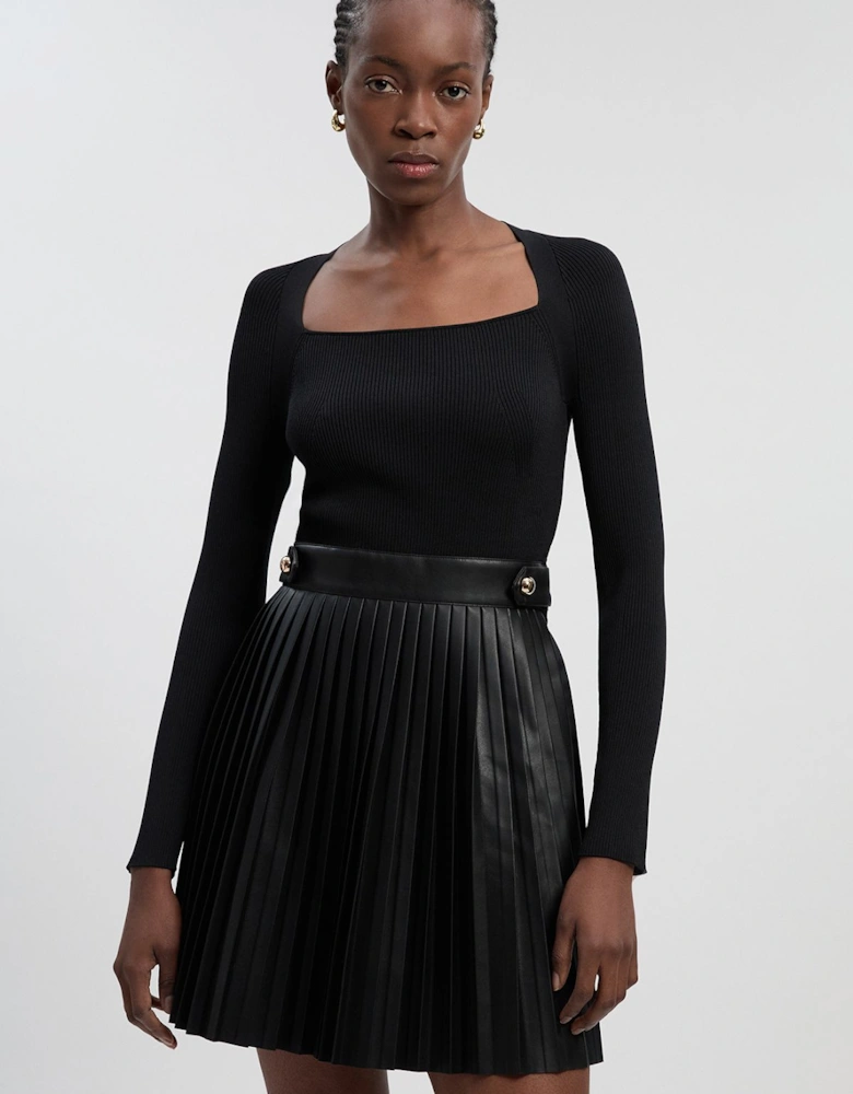 Viscose Rib Pu Mix Tab Detail Pleated Knit Mini Dress