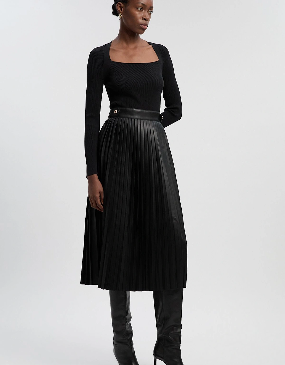 Viscose Rib Pu Mix Tab Detail Pleated Knit Midi Dress, 2 of 1