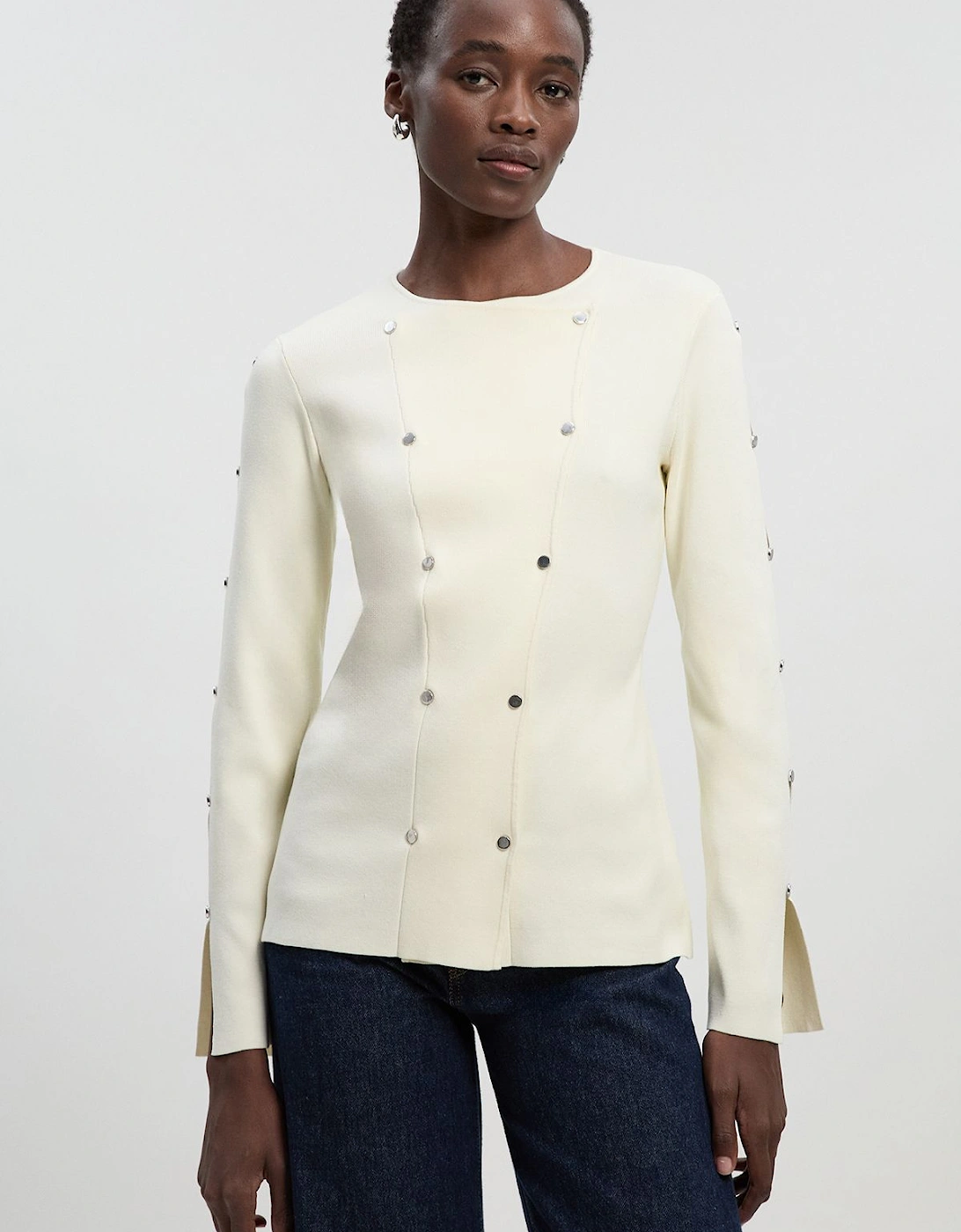 Viscose Blend Stud Detail Long Sleeve Knit Top, 2 of 1