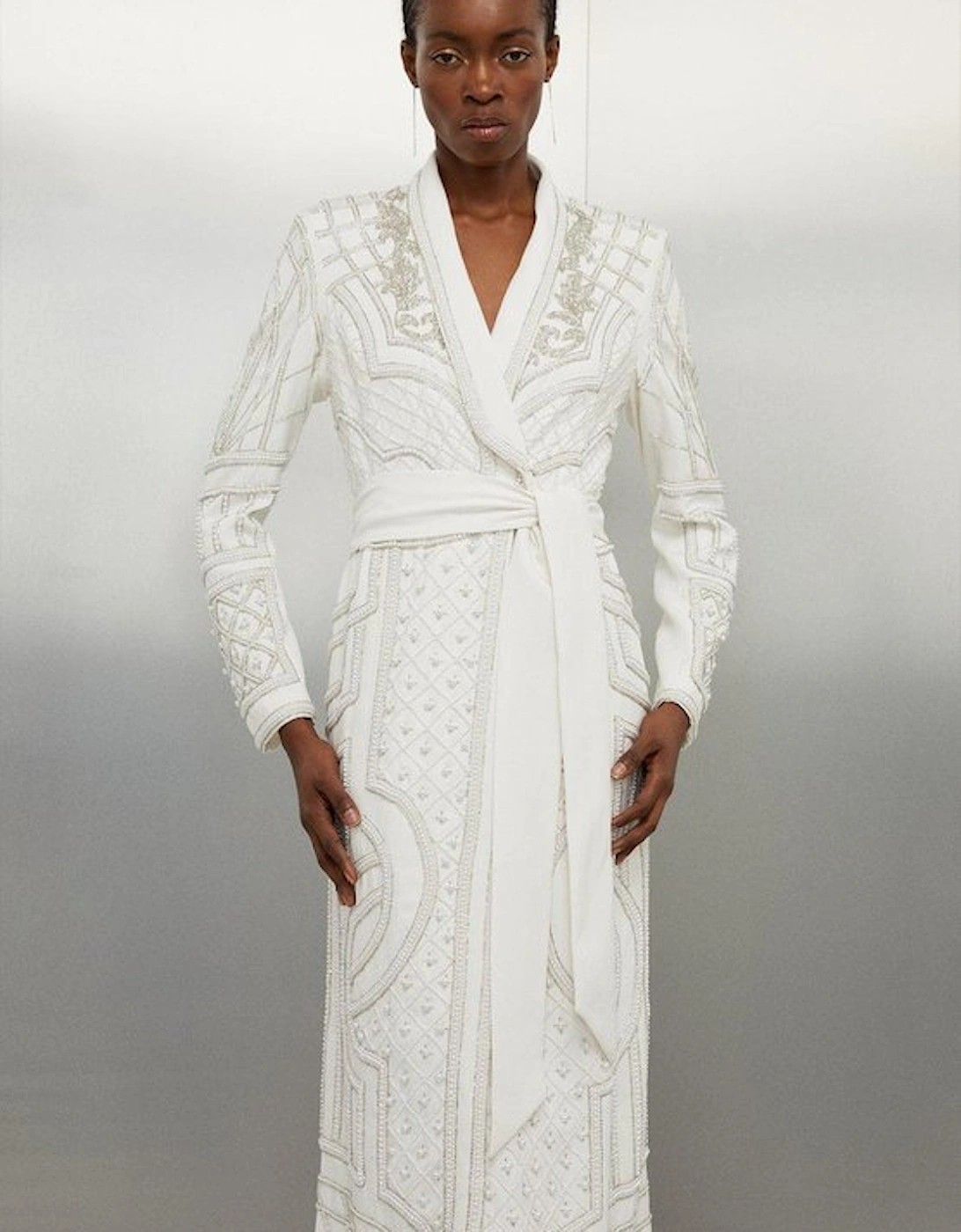 Crystal Embellished Woven Maxi Blazer Dress