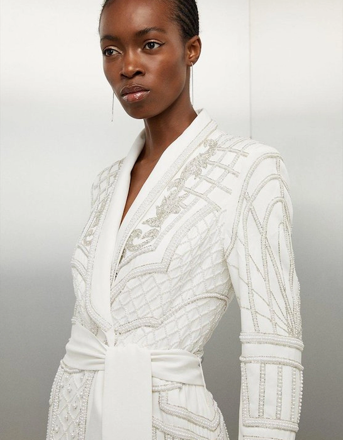 Crystal Embellished Woven Maxi Blazer Dress