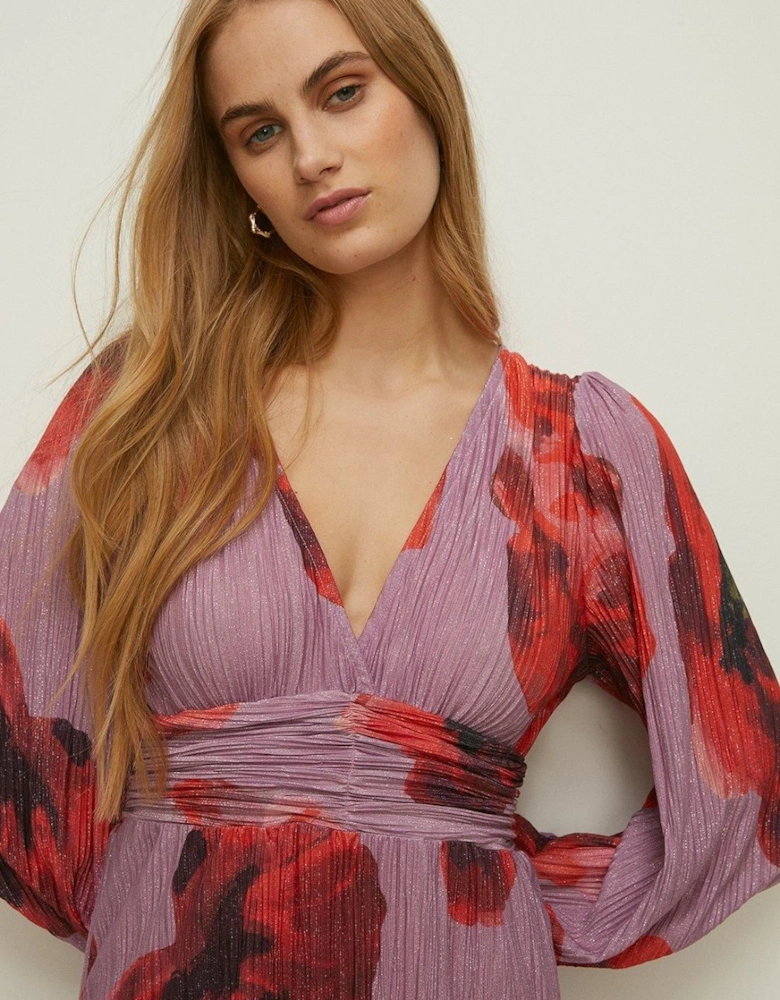 Shimmer Plisse V Neck Maxi Dress