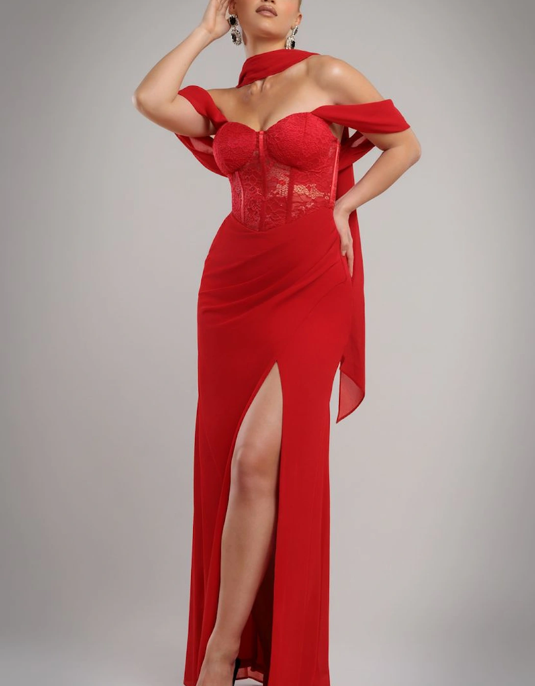 Scalloped Lace & Chiffon Winged Corset Bodice Maxi Dress, 2 of 1