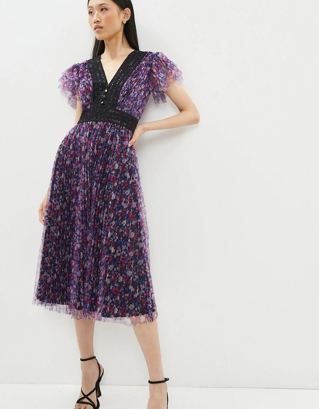 Printed Pleated Mesh Tea Dress, 2 of 1