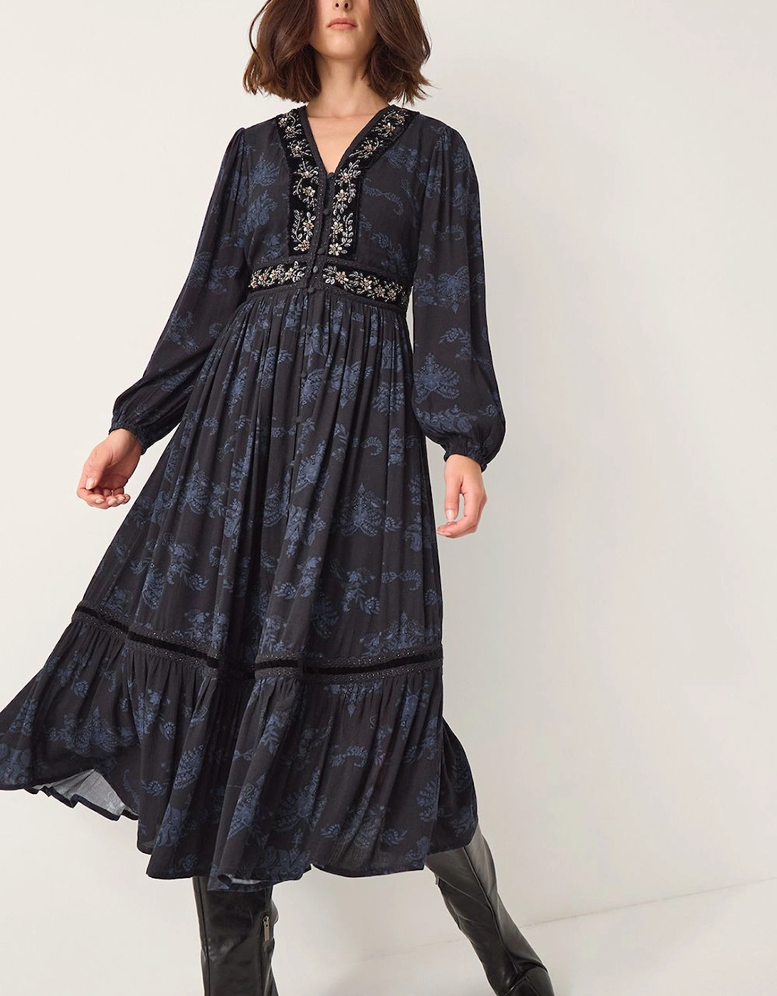 Kelly Floral Print Embellished Midi Dress  Blue, 2 of 1