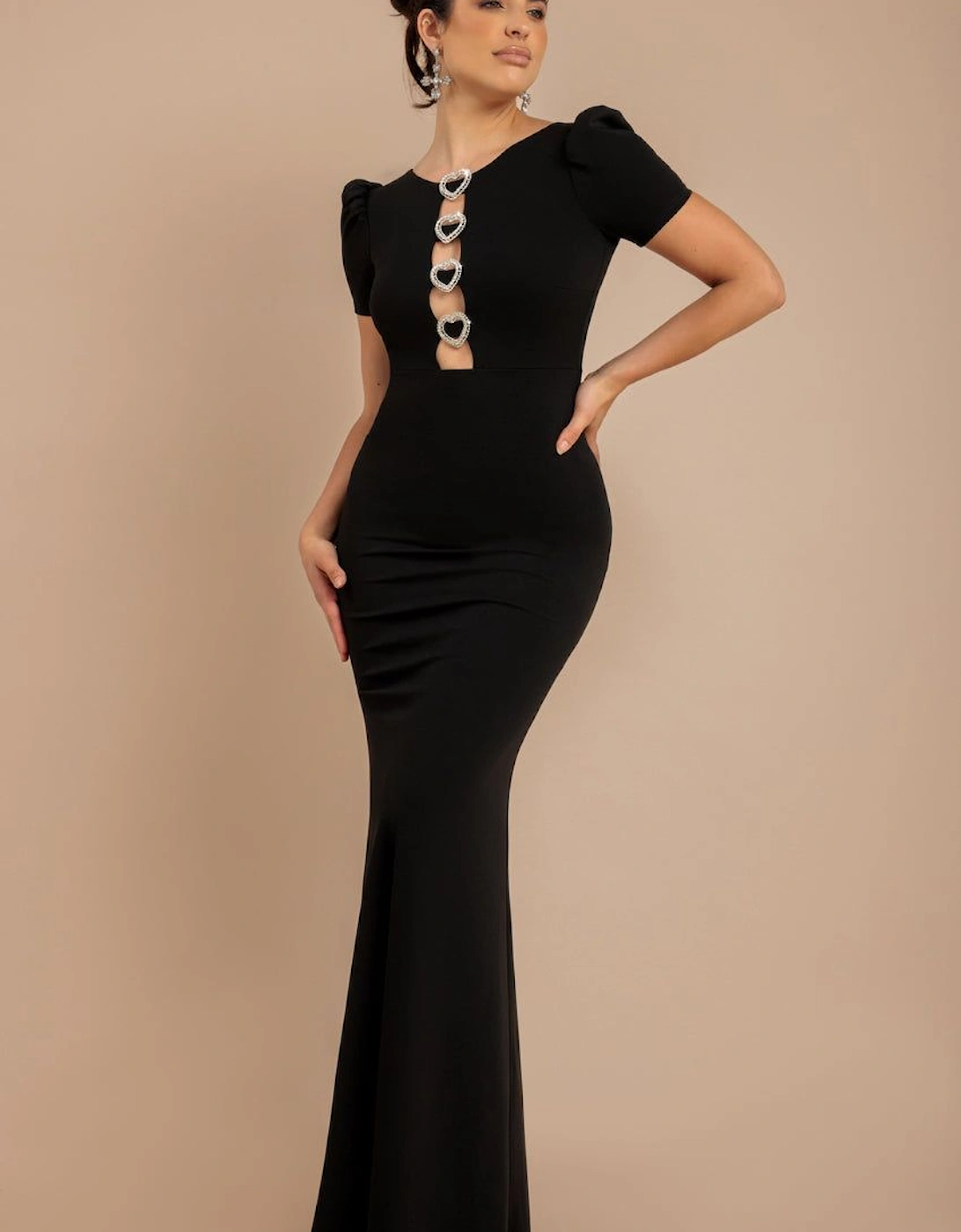 Diamante Embellished Heart Brooch Scuba Maxi Dress, 2 of 1