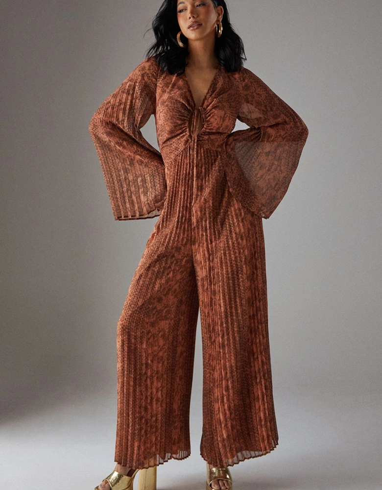 Chiffon Pleated Keyhole Flared Sleeve Jumpsuit