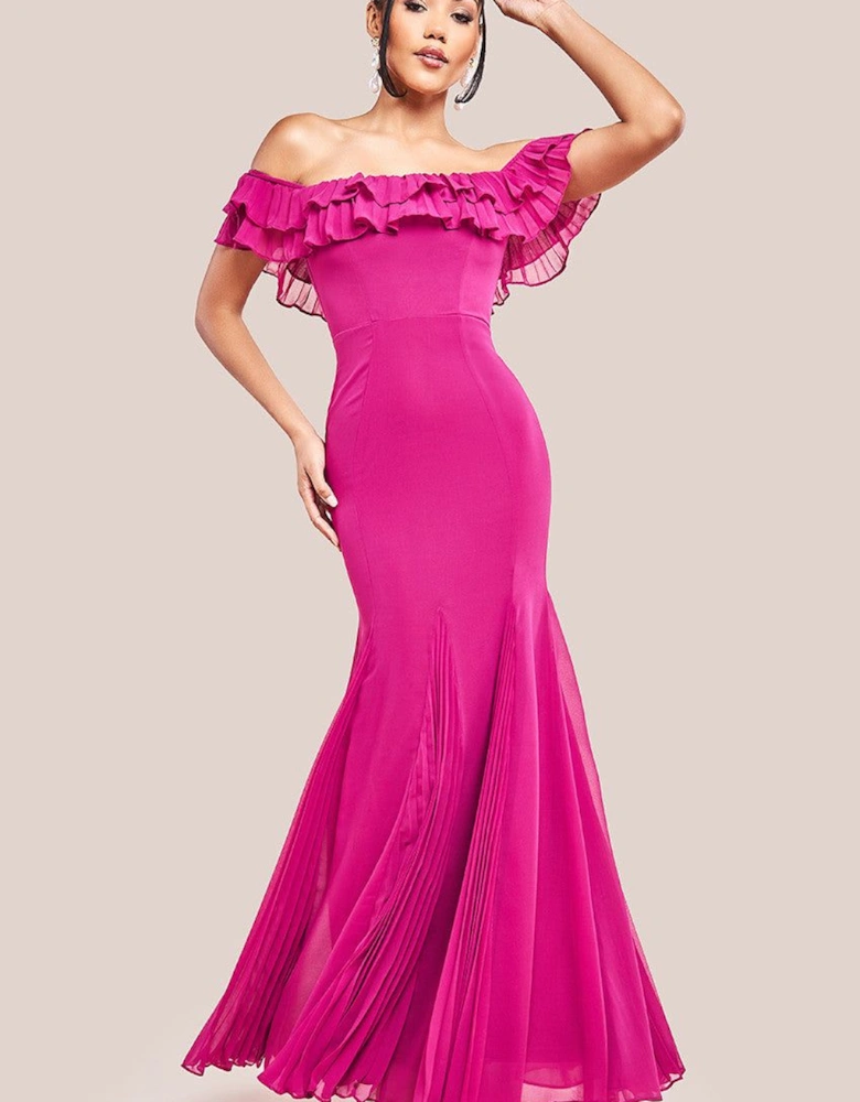 Frilled Off The Shoulder Pleated Chiffon Maxi Dress