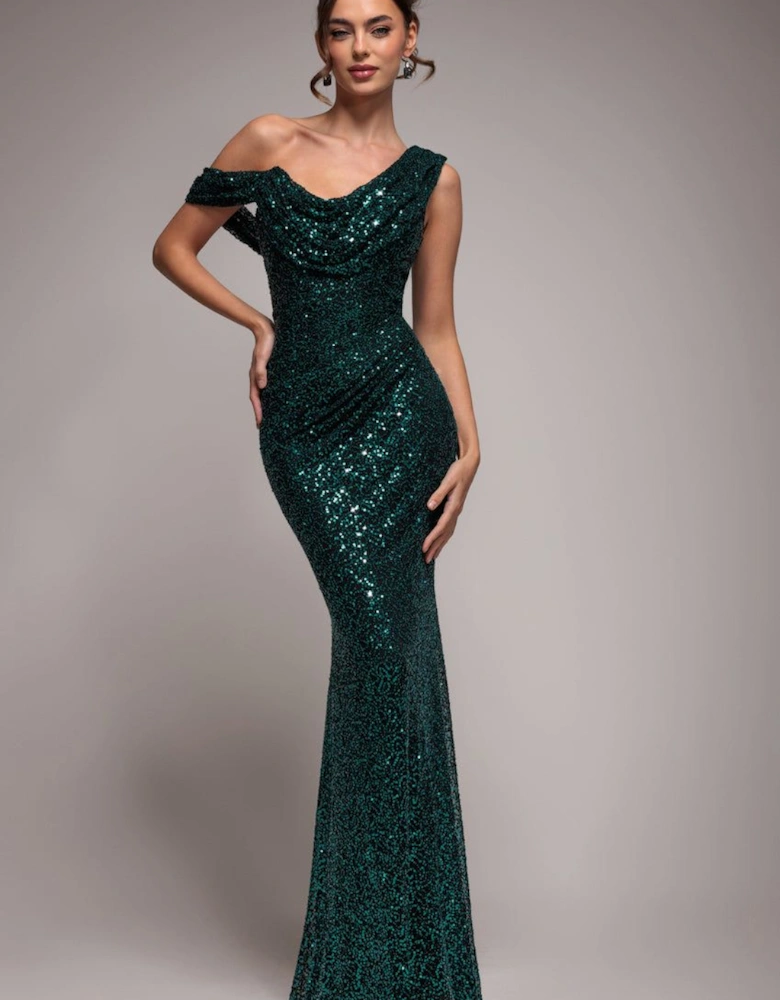 Sequin Cowl One Shoulder Maxi Dress