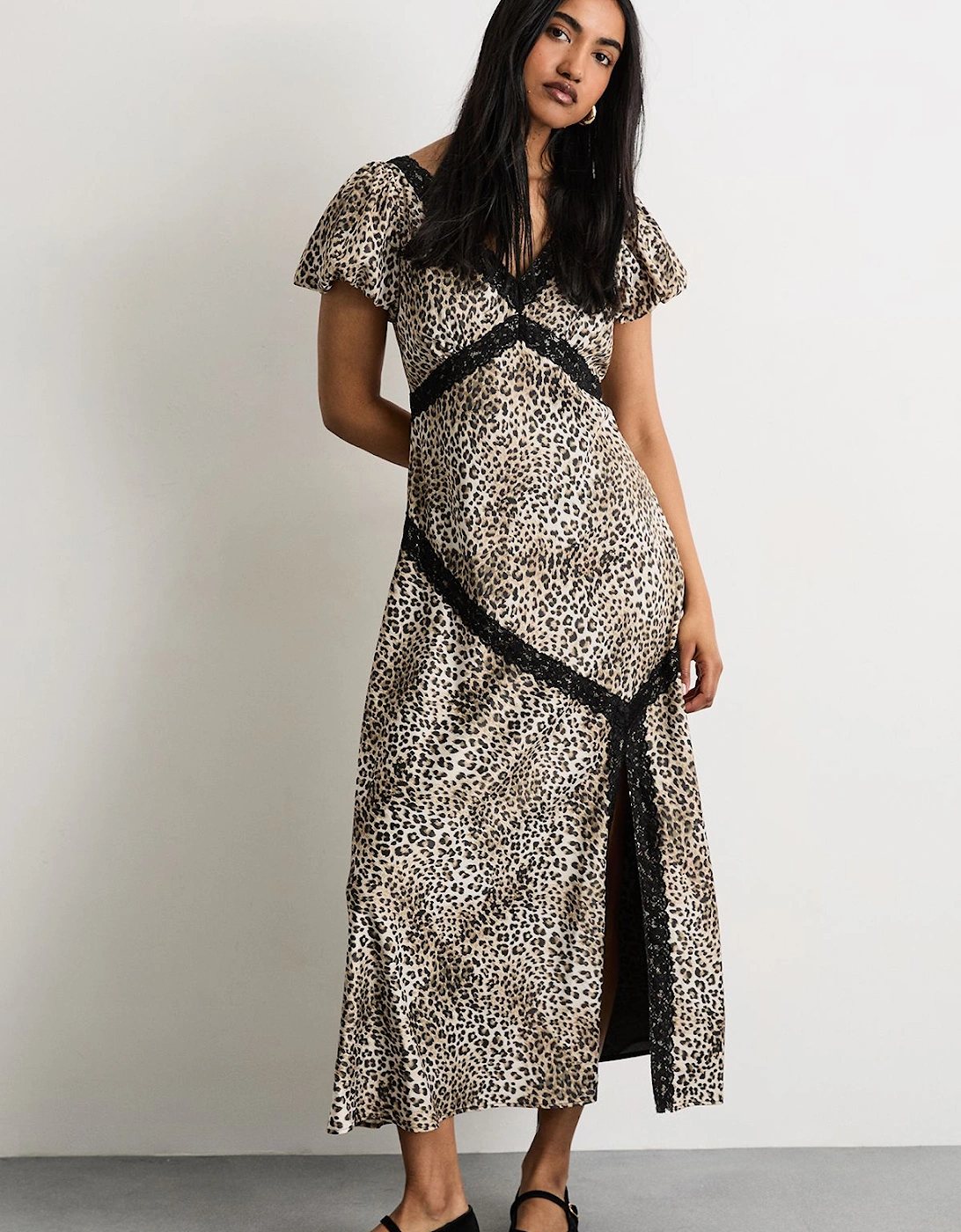 Polkadot Puff Sleeve Lace Trim Midi Dress With Split, 2 of 1