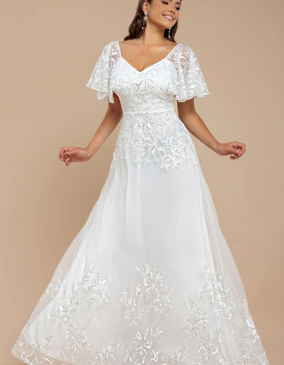 Lace Flutter Sleeve Embroidered Mesh A Line Maxi Dress, 2 of 1