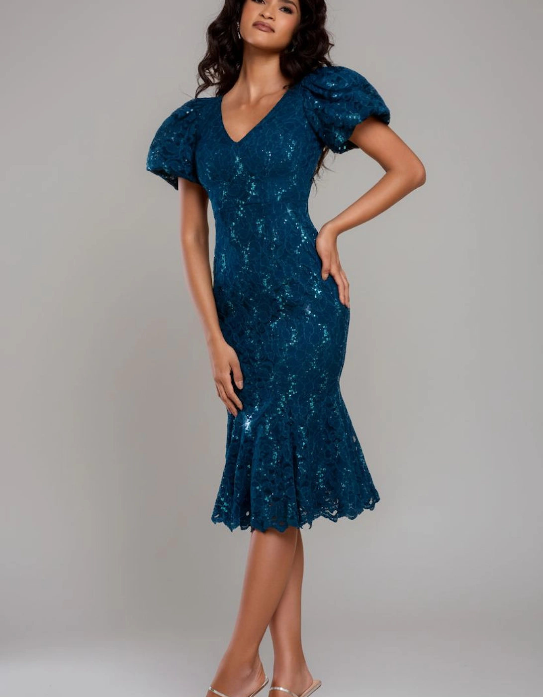 Sequin Lace Puff Sleeve Fit & Flare Midi Dress, 2 of 1